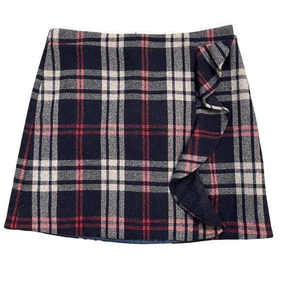 J. Crew Dresses & Skirts - J.Crew Mercantile Navy Pint and Grey Plaid Ruffle Front Wool Blend Mini Skirt 10